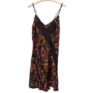 Vintage Lingerie purple gold brown floral leaves lace slip dress L